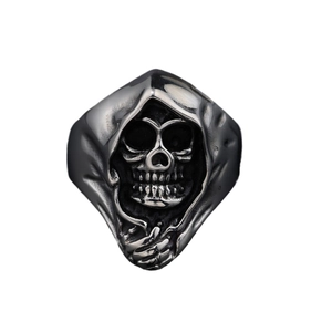 Gothic skull reaper ring in vintage stainless steel finish with dark punk rock details