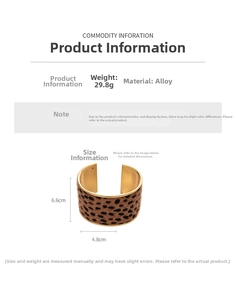 Detail view of leopard print texture and 6.6cm height on alloy cuff bracelet
