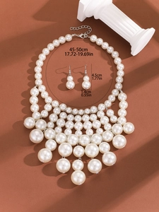 Detail view of multi-layer faux pearl necklace set with 45-50cm length measurements
