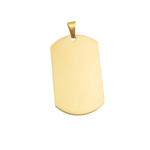 Detailed close-up of a blank rectangular gold-plated stainless steel dog tag pendant
