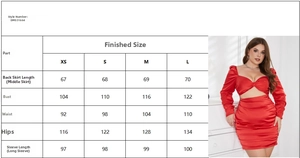 Detailed size guide and close-up of a red satin backless dress with waist cutouts