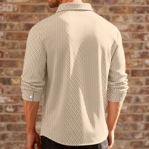Men's khaki knit long sleeve shirt featuring a unique textured diamond pattern back view