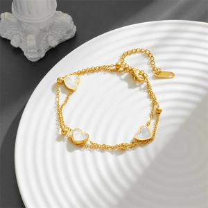 Double-layer gold stainless steel heart bracelet with white mother-of-pearl inlays