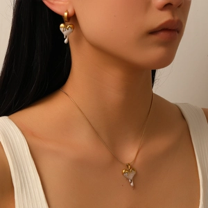 Stainless Steel Heart Pendant Necklace And Earrings White Dripping Enamel Gold Plated Melting Design Fashion For Women