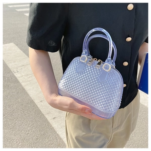 Detailed close-up of blue PVC jelly bag featuring diamond texture and gold hardware details