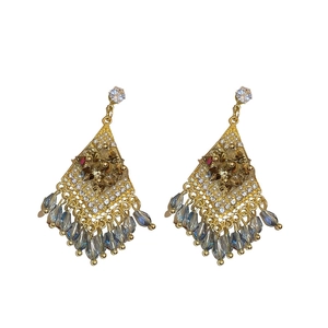 Bohemian style diamond-set rhombus tassel earrings with blue crystal water drop beads