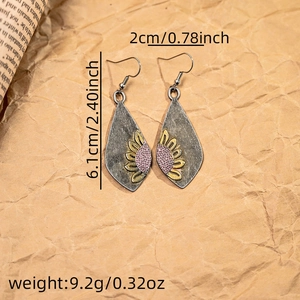 Detail view of retro silver sunflower earrings with dimensions 2cm wide and 6.1cm high