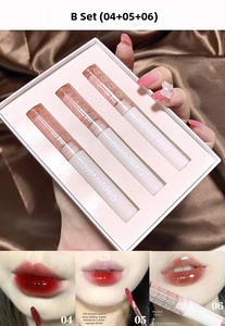 Macro close-up of glossy lip glaze set with swatches and cute bear design casing