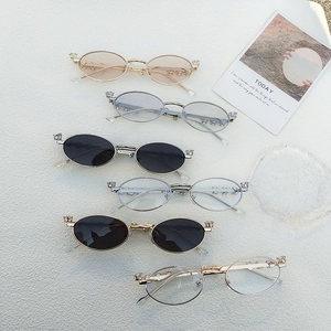 Retro Oval Sunglasses Metal Frame With Rhinestones Vintage Small Frame UV400 Eyewear For Women Men
