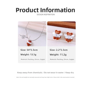 Detailed size specifications for flocked bear necklace and zircon earring jewelry set