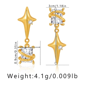Detailed view of asymmetric star and square zircon earrings with size and weight metrics