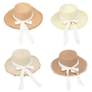 Women Straw Sun Hat Wide Brim Bowknot Ribbon Frayed Edge Flat Top Beach Summer Vacation Travel Elegant Boho Style