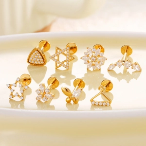 Clous d'oreilles F136 en titane doré avec zircon, formes d'étoiles et de fleurs, vis