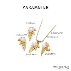 Detailed view of leaf-shaped stainless steel jewelry set with dimensions and pearl accents