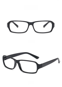 Front and side view of matte black rectangular eyeglasses frames with a minimalist design