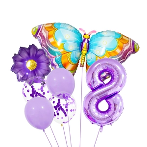 Kit de ballons violets avec papillon, fleur et chiffre 8 pour décoration de fête
