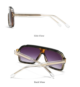 Side and back view of retro square sunglasses featuring gold metal core temples