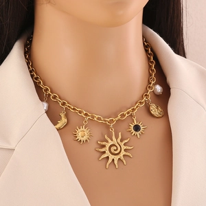 Bohemian Sun Moon Star Charm Necklace Gold Plated Stainless Steel With Artificial Pearl Pendants Vintage Jewelry For Women