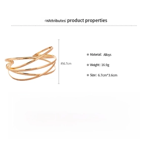 Detailed dimensions of layered gold geometric cuff bracelet weighing 16.9g and 3.6cm wide