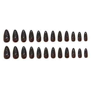 24pcs long almond press-on nails in glossy dark chocolate with relief spiral 3D textures