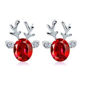 Christmas Reindeer Antler Stud Earrings Alloy Oval Crystal Gemstone Rhinestone Embellished Animal Jewelry For Women Party Holiday Gift