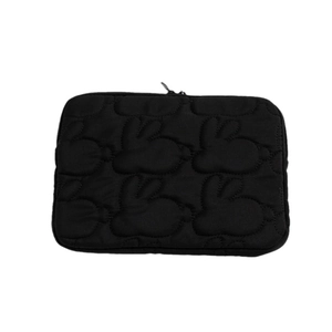Quilted black laptop sleeve with rabbit head design and secure top zipper closure