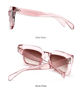 Macro detail of modern square pink sunglasses showing the side frame and temple specifications