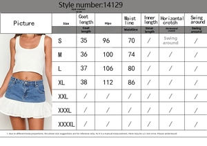 Detailed size chart for denim lace mini skirt including waist and hip measurements