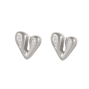 Elegant silver V-shaped heart stud earrings with sparkling white cubic zirconia