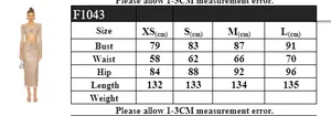 Size guide table for the one-shoulder sequin dress showing measurements in centimeters