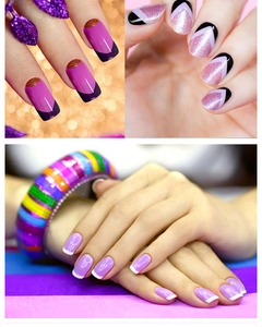 Detail of French tip nail art with purple, pink glitter, and geometric V-shape designs
