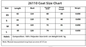 Detailed size chart for the solid color double-breasted wool blend coat with measurements