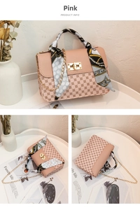 Detailed views of a pink patterned crossbody bag with gold hardware and silk scarf handle