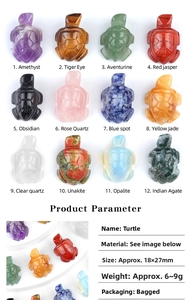 Macro view showing 12 types of natural carved gemstone sea turtles with dimensions