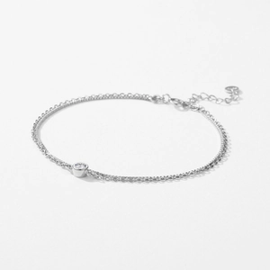 Minimalist double layer S925 sterling silver bracelet with a sparkling single diamond
