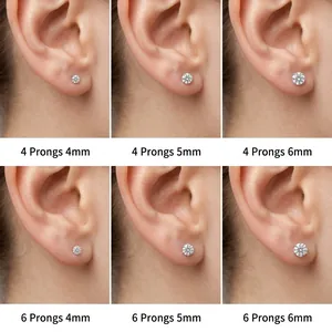 Vergleich von Ohrsteckern mit 4- und 6-Krallenfassung aus Zirkonia in den Größen 4mm, 5mm und 6mm
