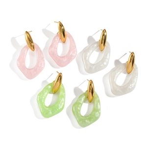 Minimalist irregular resin hoop earrings in pink white and green with gold metal studs