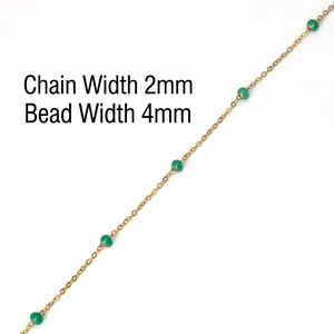 Detail of 2mm gold stainless steel chain with 4mm green beads and size specifications