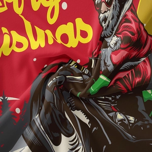 Detailed macro view of soft tapestry fabric with Merry Christmas print and Santa illustration