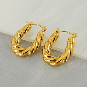 Boucles D'oreilles Créoles Torsadées Plaqué Or 18 Carats Acier Inoxydable Géométrique Forme U Style Rétro Français Bijoux