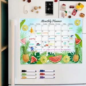 Macro view of magnetic acrylic monthly planner on fridge with colorful markers