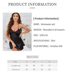 Detailed size chart for women's black imitation silk backless nightgown with V-neck