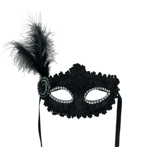 Elegant black lace masquerade mask with feathers and rhinestones on white background