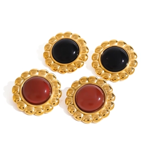 Vintage gold-plated stainless steel stud earrings with red and black onyx stones