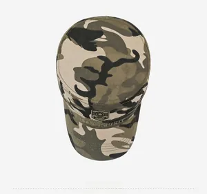 Top view of camouflage flat top army cap with embroidered Army badge and sports spirit text