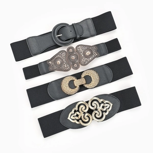Set of four black elastic waist belts for women with various vintage buckle designs