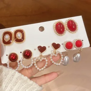 Red heart and pearl earring set with resin and gold plating for women's jewelry
