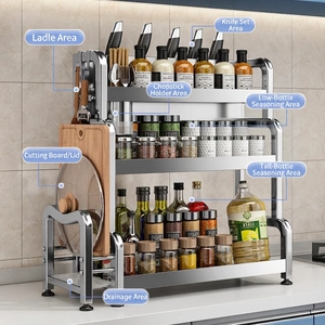3-tier stainless steel kitchen spice rack with knife holder and cutting board stand