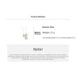 Detail of petal pendant necklace showing 71.1cm chain length and alloy material