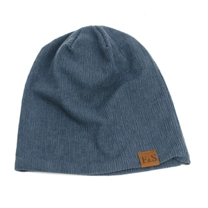 Flat lay of gray-blue ribbed knit beanie cap with F&S leather patch for unisex sport style